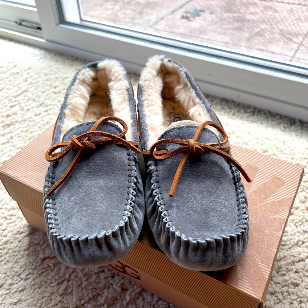 UGG Gray Moccasin Slippers with Brown Laces